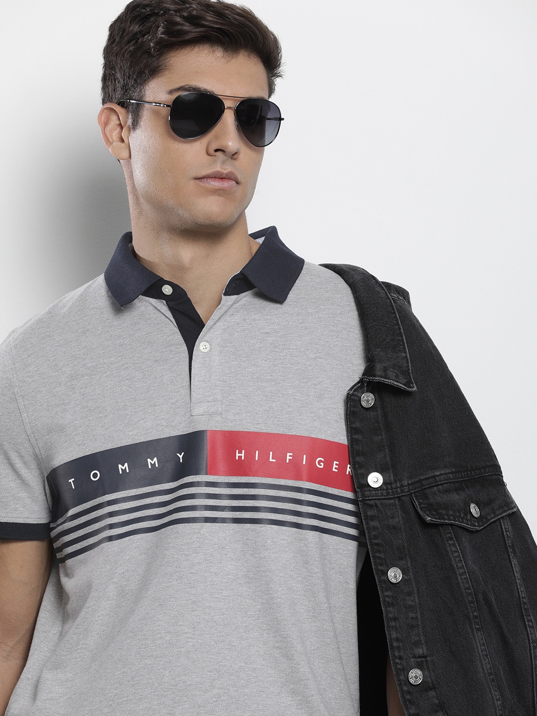 

Tommy Hilfiger Men Grey & Navy Blue Brand Logo Polo Collar T-shirt