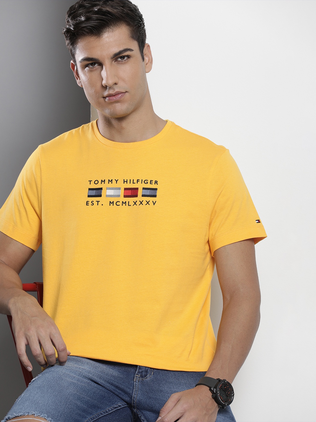 

Tommy Hilfiger Men Yellow Brand Logo Embroidered Pure Cotton T-shirt