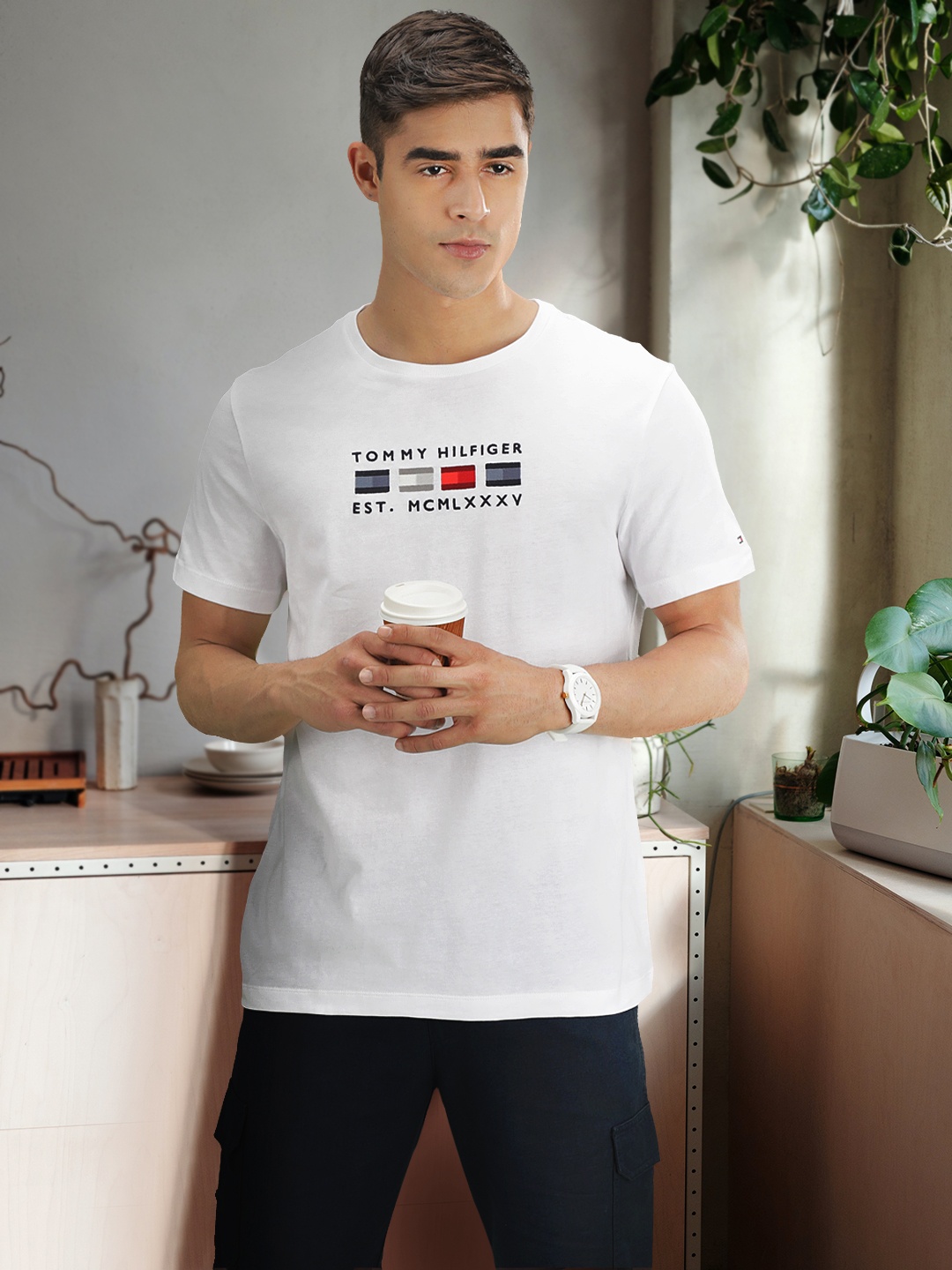 

Tommy Hilfiger Men White Brand Logo Embroidered Pure Cotton T-shirt