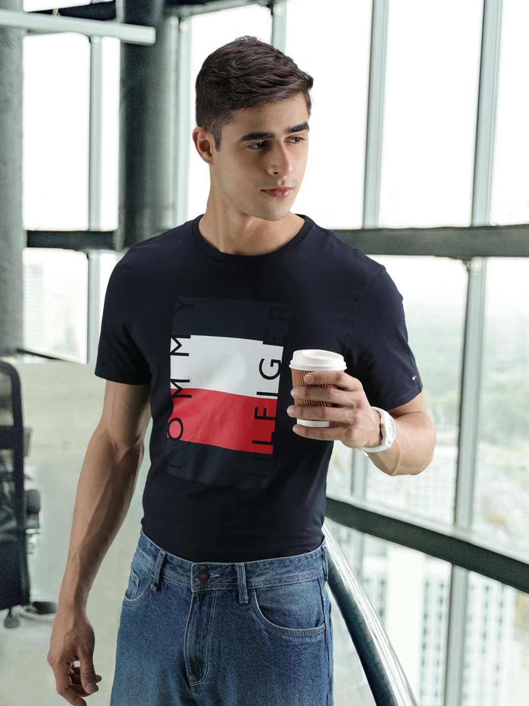 

Tommy Hilfiger Men Navy Blue Brand Logo Printed Pure Cotton T-shirt