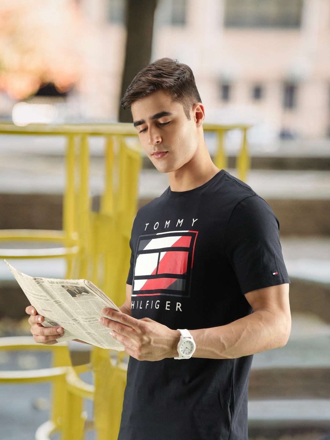 

Tommy Hilfiger Men Navy Blue Brand Logo Printed Pure Cotton T-shirt
