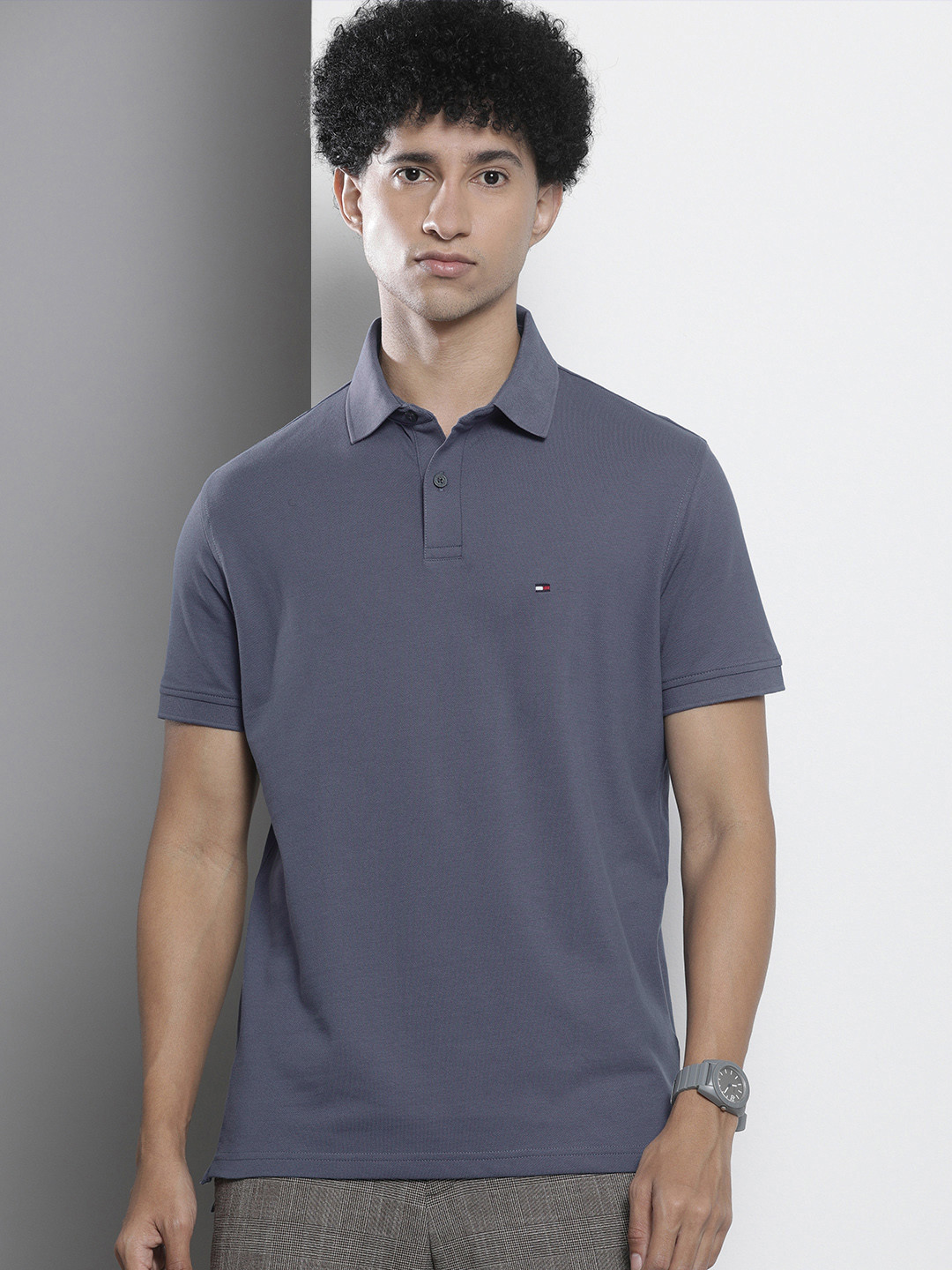 

Tommy Hilfiger Men Blue Brand Logo Embroidered Polo Collar T-shirt