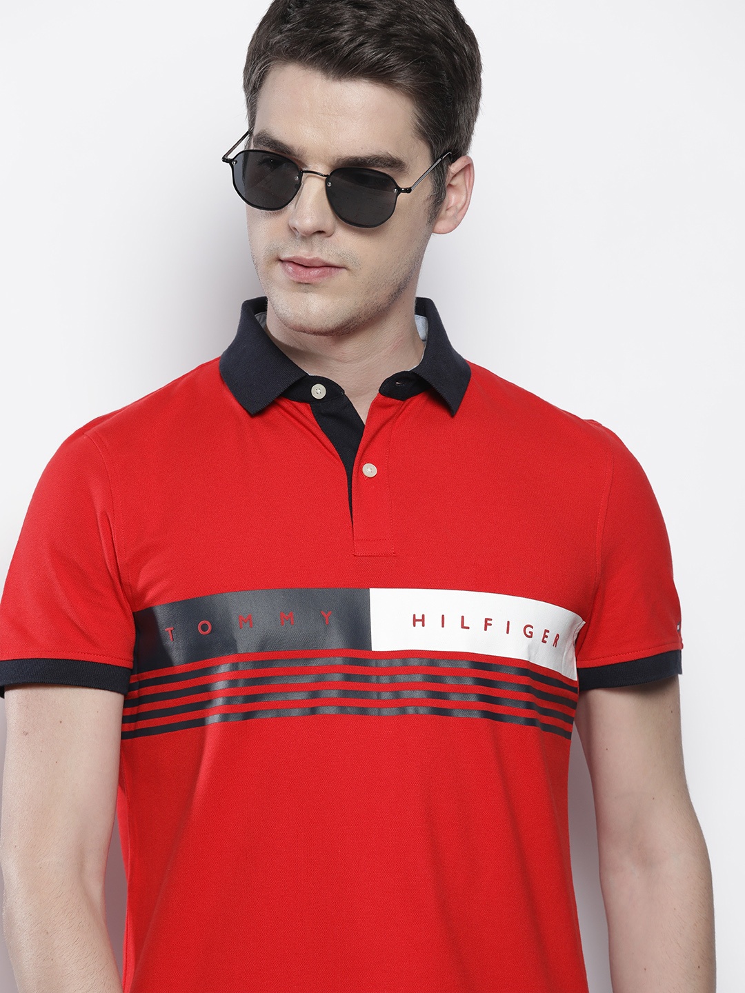 

Tommy Hilfiger Men Red & Black Brand Logo Printed Polo Collar T-shirt