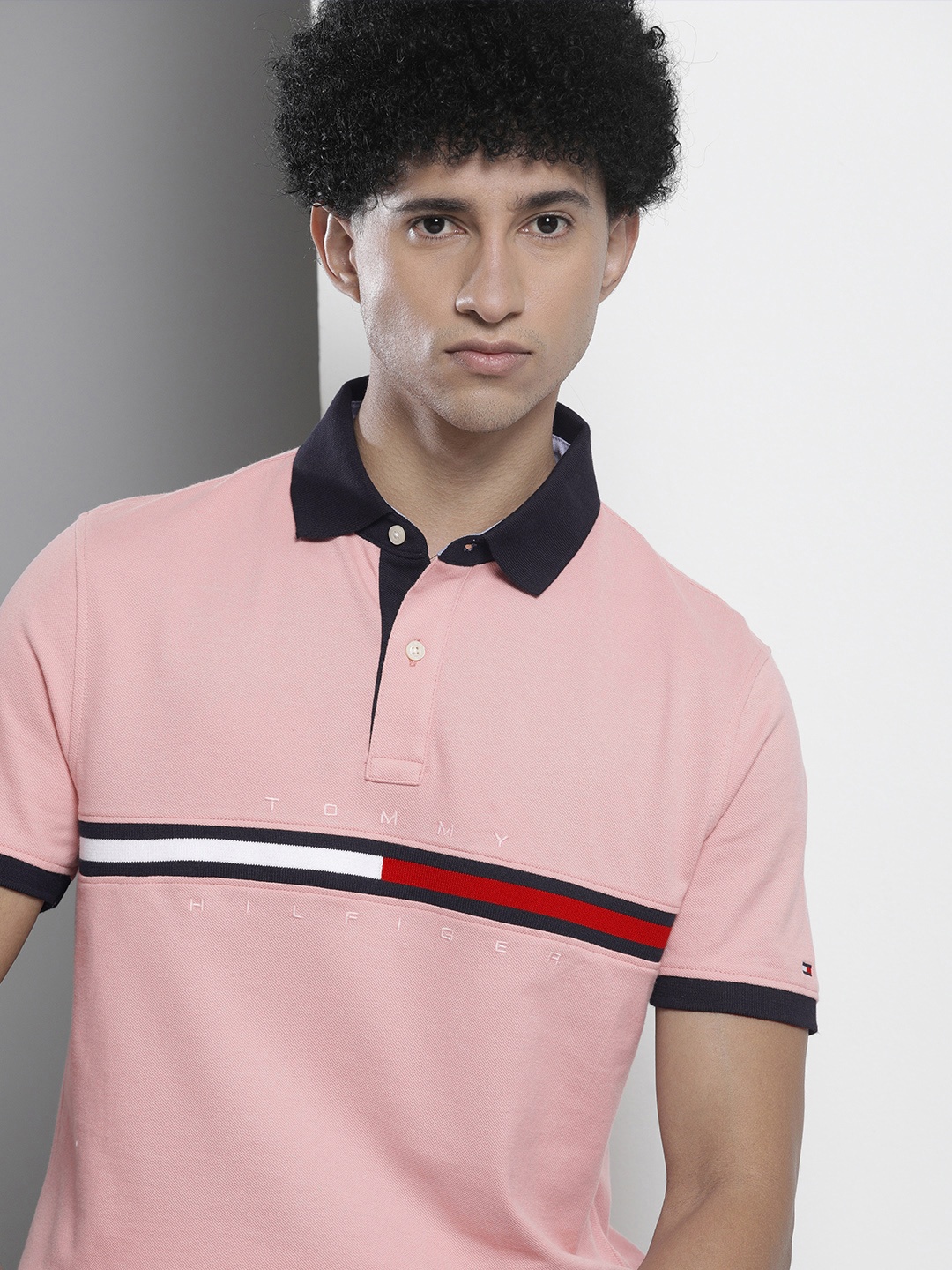 

Tommy Hilfiger Men Pink & Navy Blue Pure Cotton Brand Logo Polo Collar T-shirt
