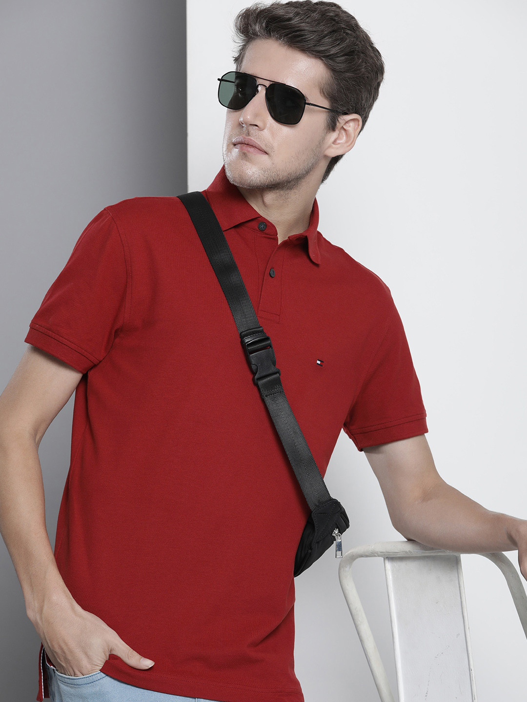 

Tommy Hilfiger Men Red Brand Logo Polo Collar Applique T-shirt