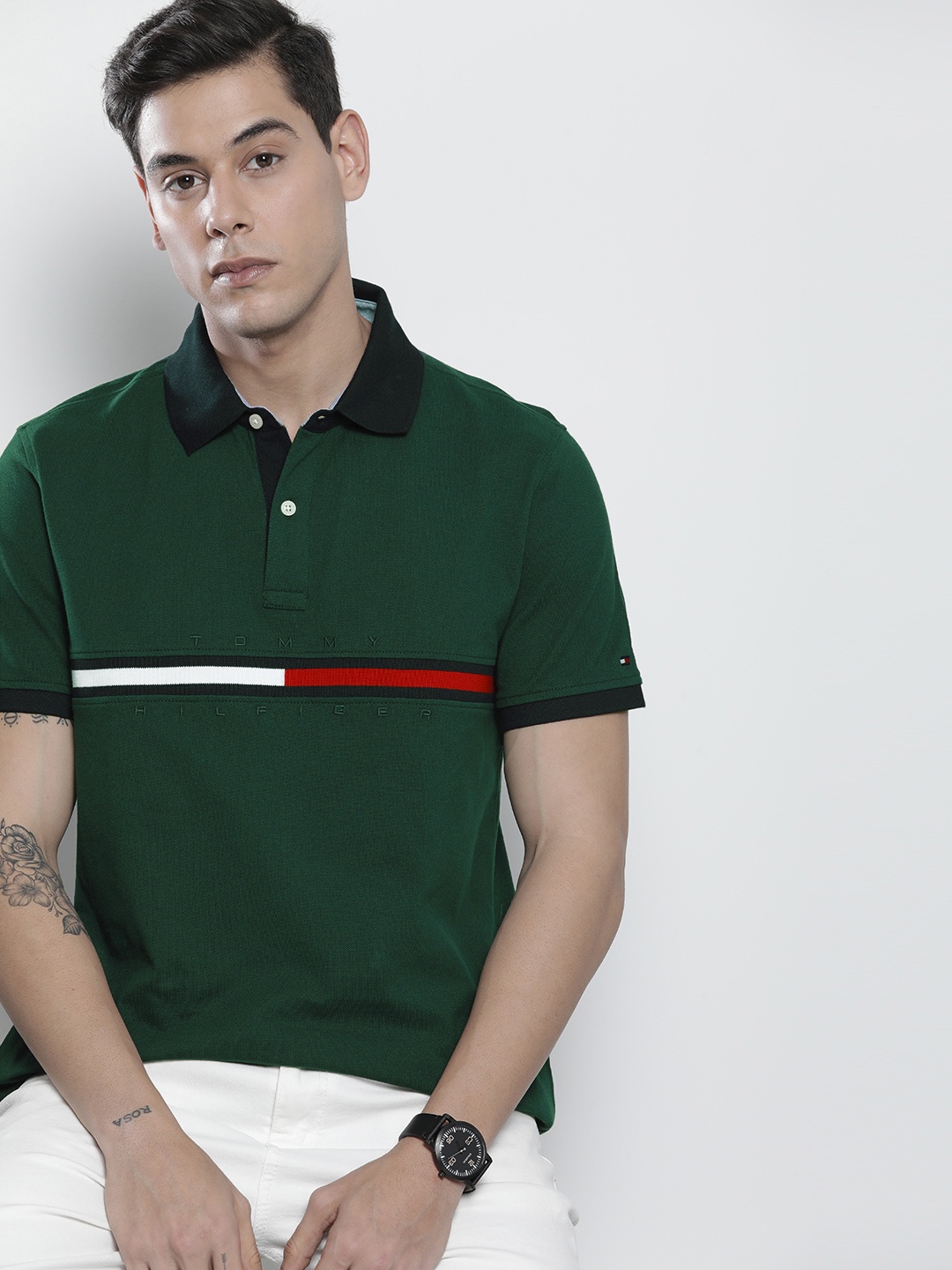 

Tommy Hilfiger Men Green Pure Cotton Brand Logo Polo Collar Pure Cotton T-shirt
