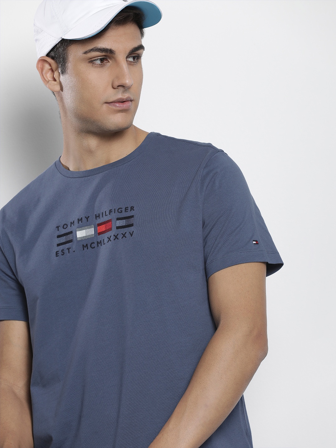 

Tommy Hilfiger Men Blue Brand Logo Embroidered Pure Cotton T-shirt