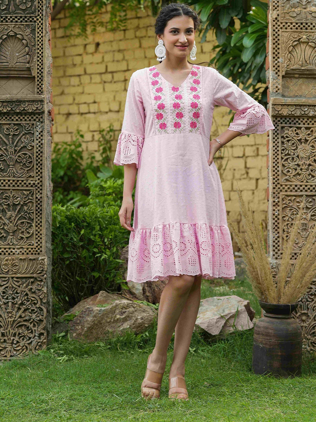 

Juniper Pink Floral Embroidered Ethnic A-Line Dress