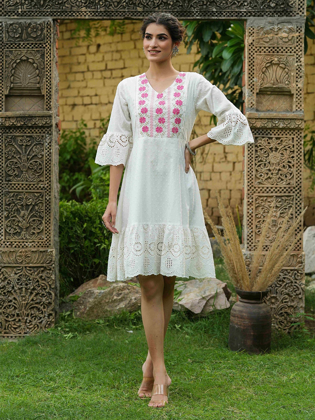 

Juniper White Ethnic Drop-Waist Dress