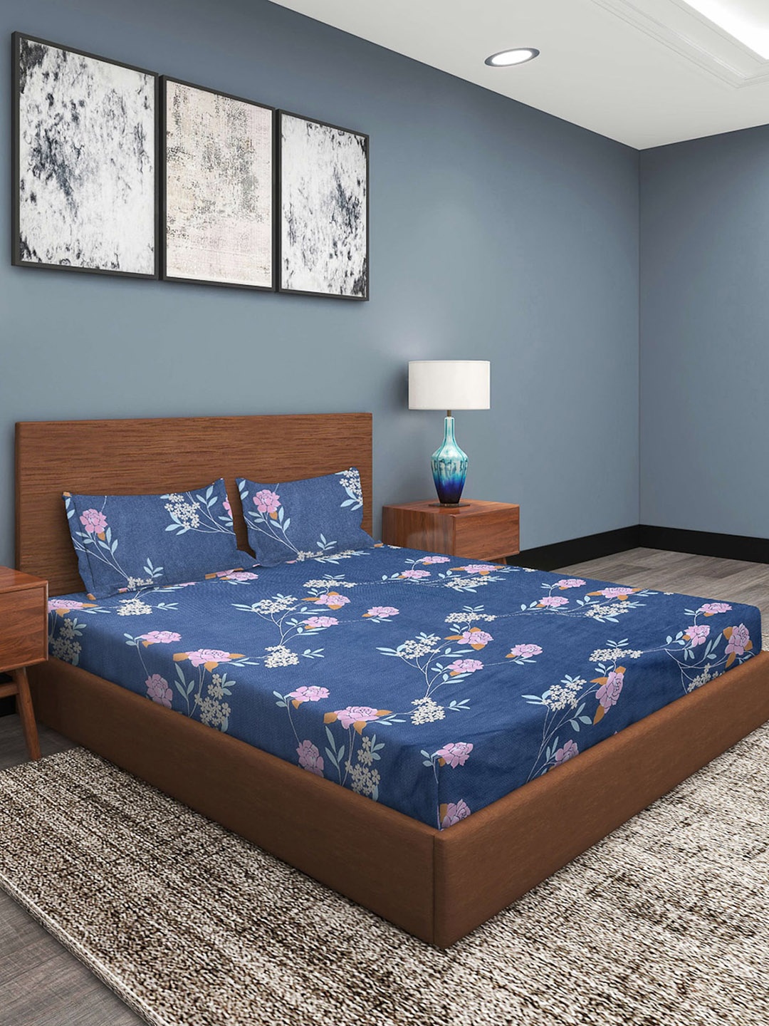 

ROMEE Blue Floral 186 TC Floral Printed Microfiber Queen Bedsheet with 2 Pillow Covers