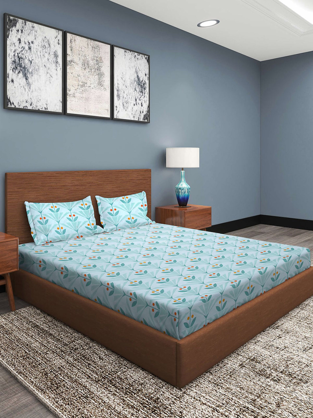 

ROMEE Sea Green & Orange Floral 186 TC Queen Bedsheet with 2 Pillow Covers