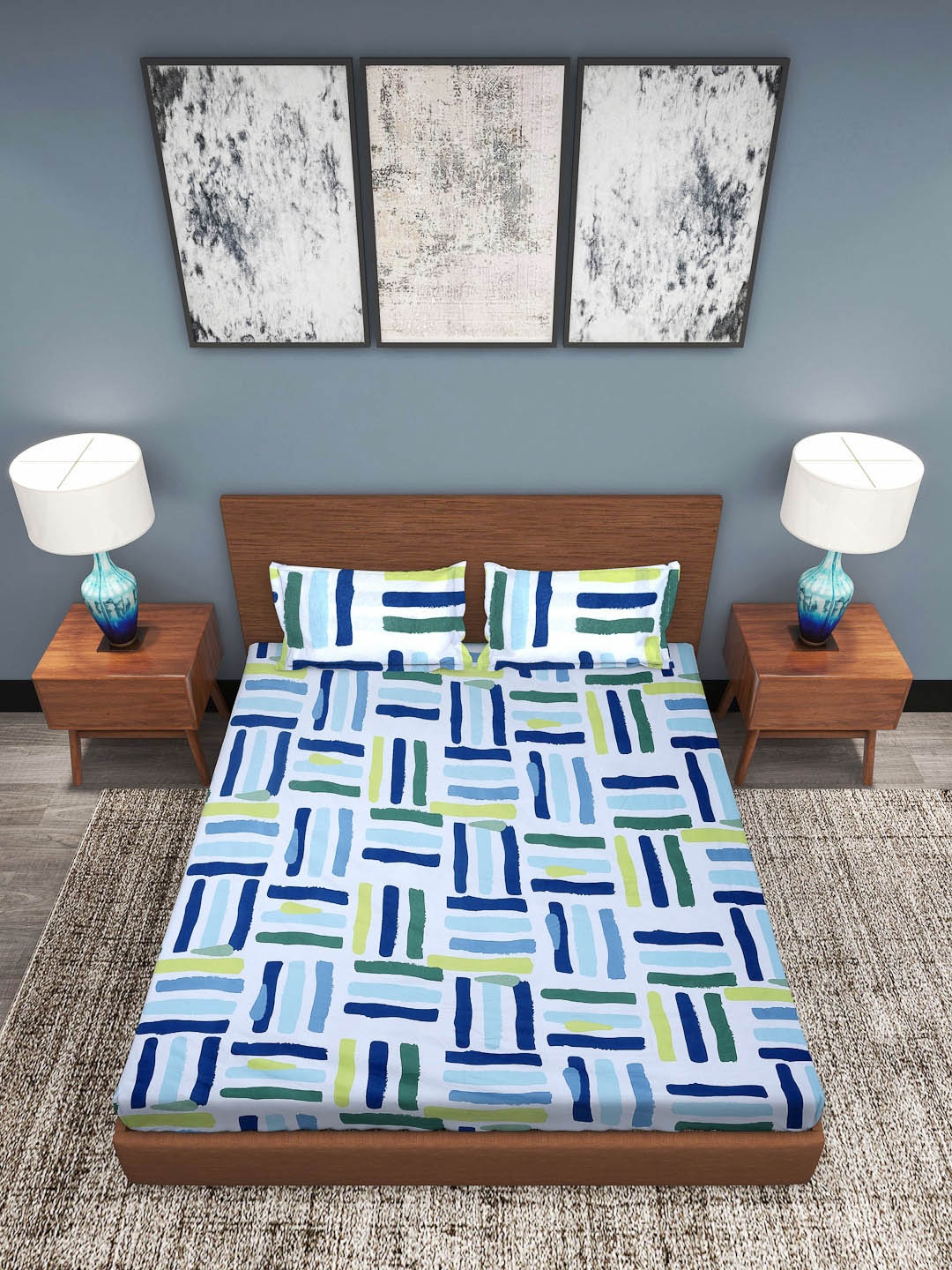 

ROMEE Blue & Green Geometric 186 TC Microfiber Queen Bedsheet with 2 Pillow Covers