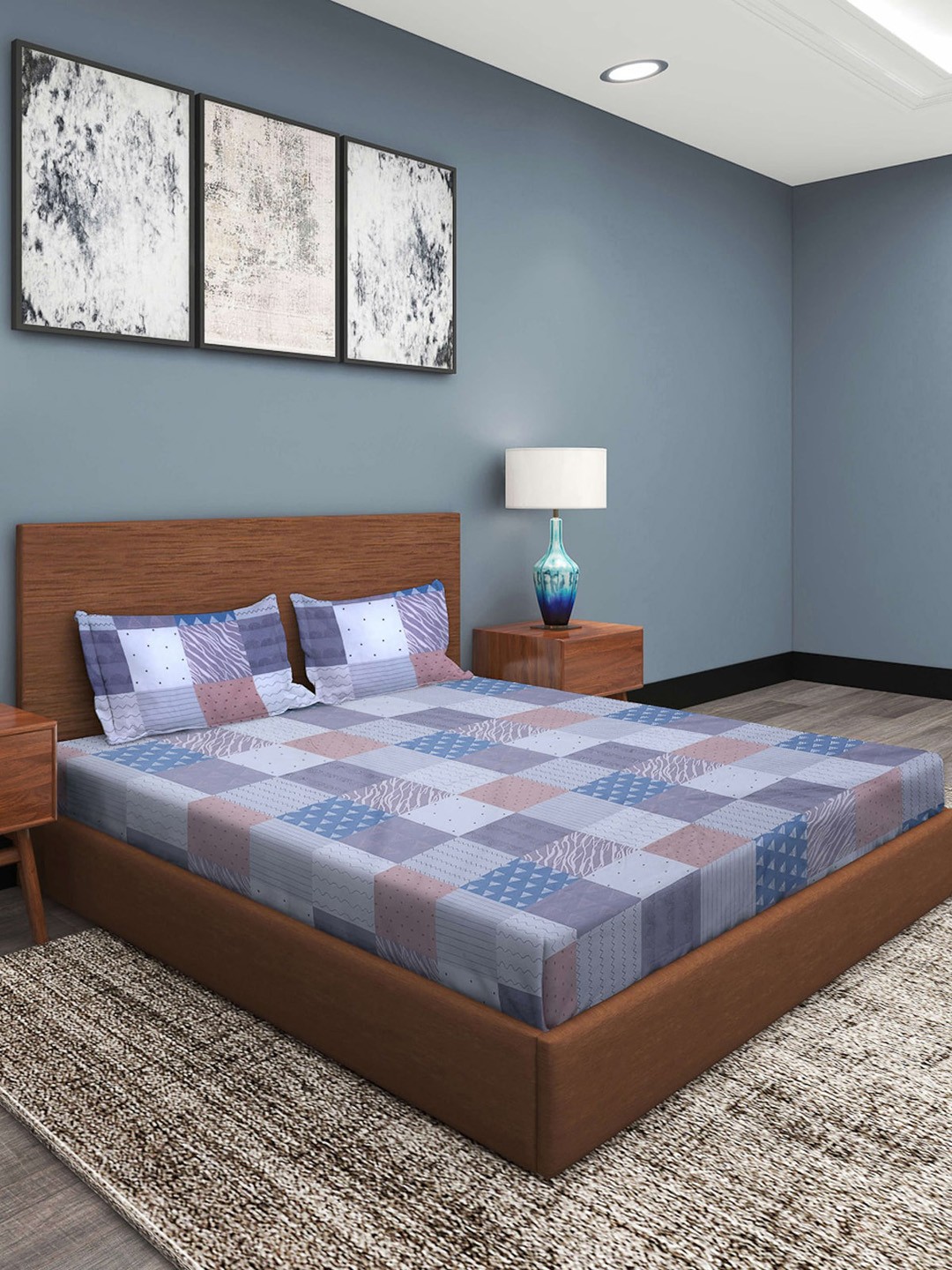 

ROMEE Grey & Blue Geometric 186 TC Microfiber Queen Bedsheet with 2 Pillow Covers