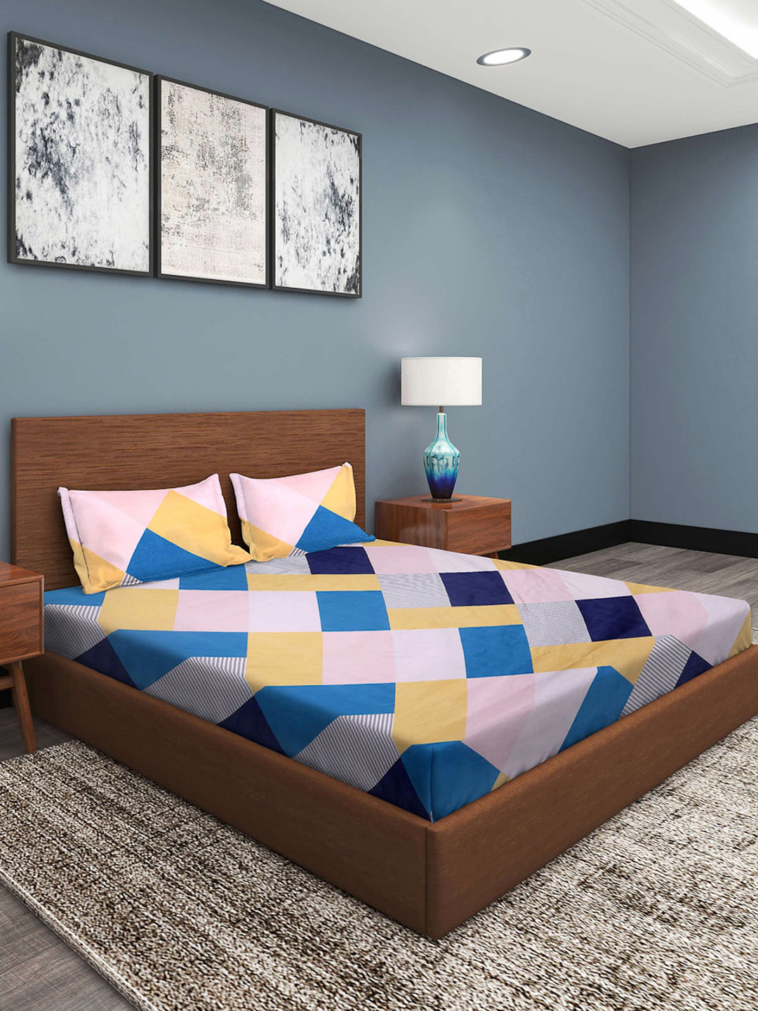 

ROMEE Pink & Blue Geometric 186 TC Microfiber Queen Bedsheet with 2 Pillow Covers