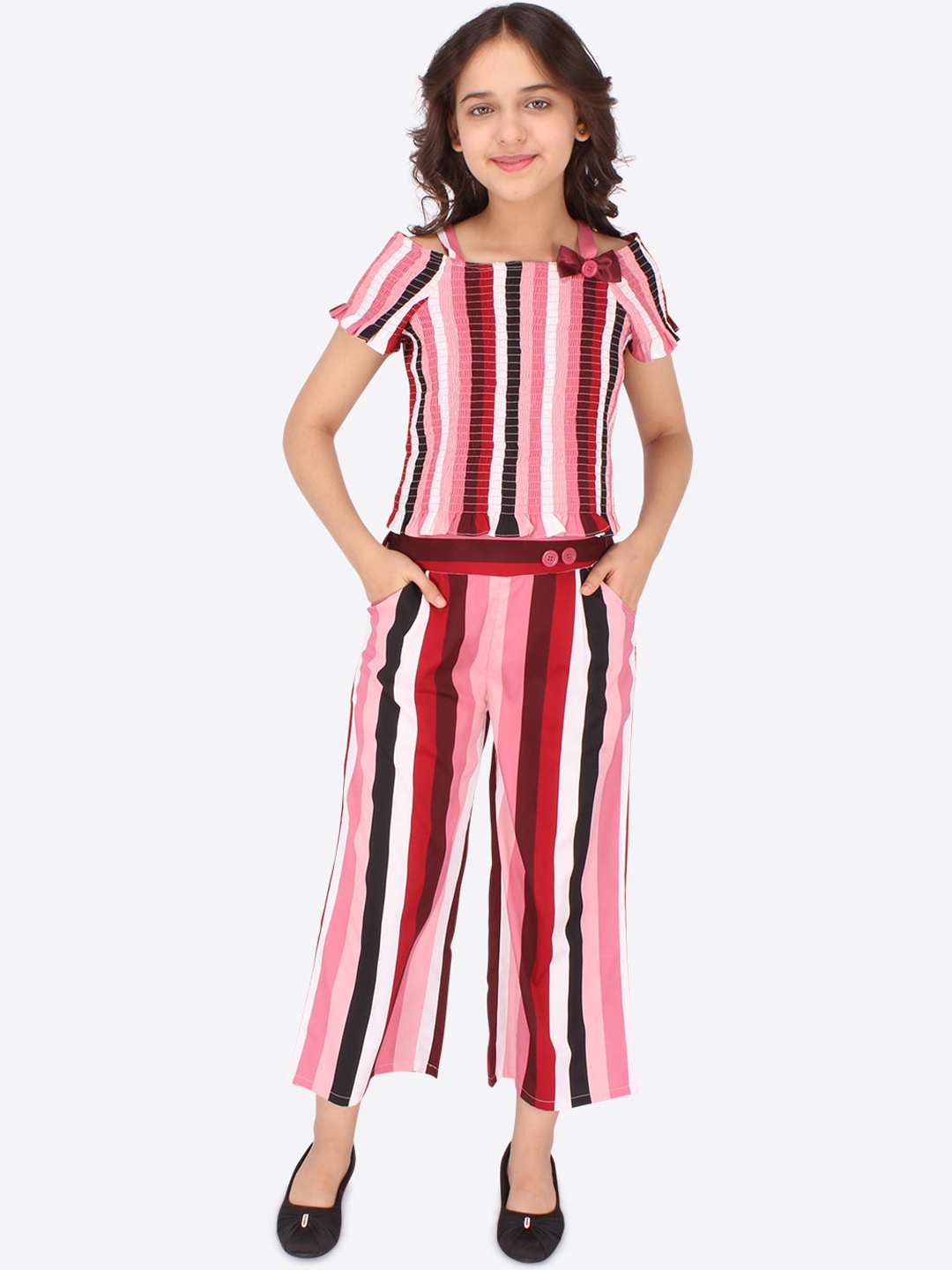 

CUTECUMBER Girls Maroon & White Striped Top with Trousers