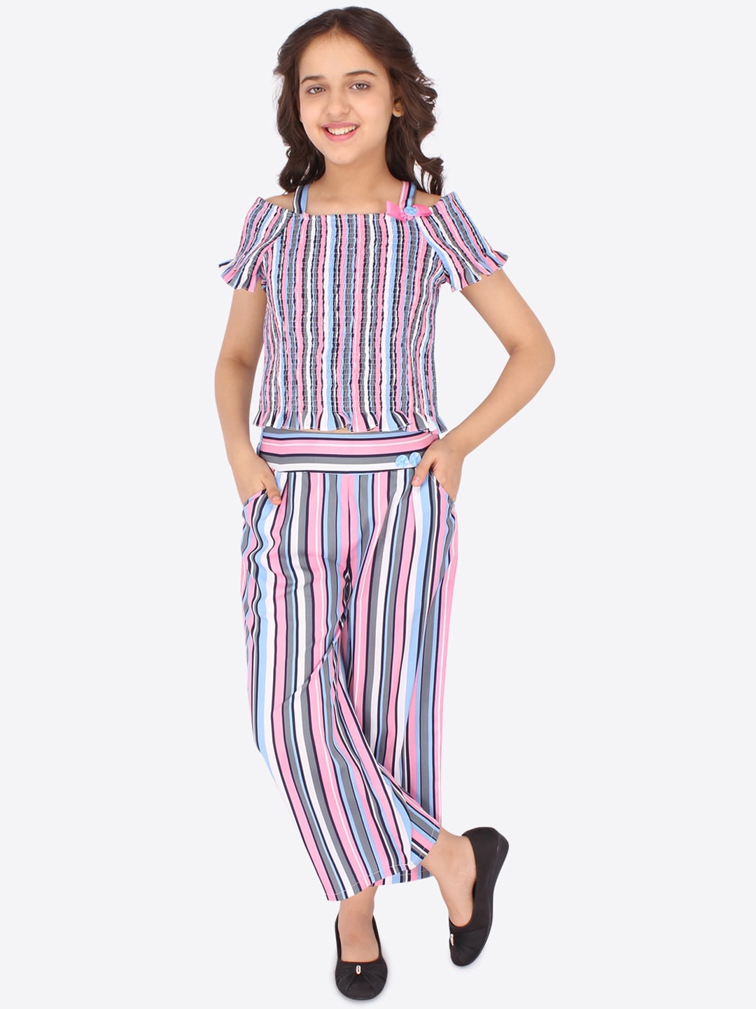 

CUTECUMBER Girls Pink & White Striped Top with Palazzos