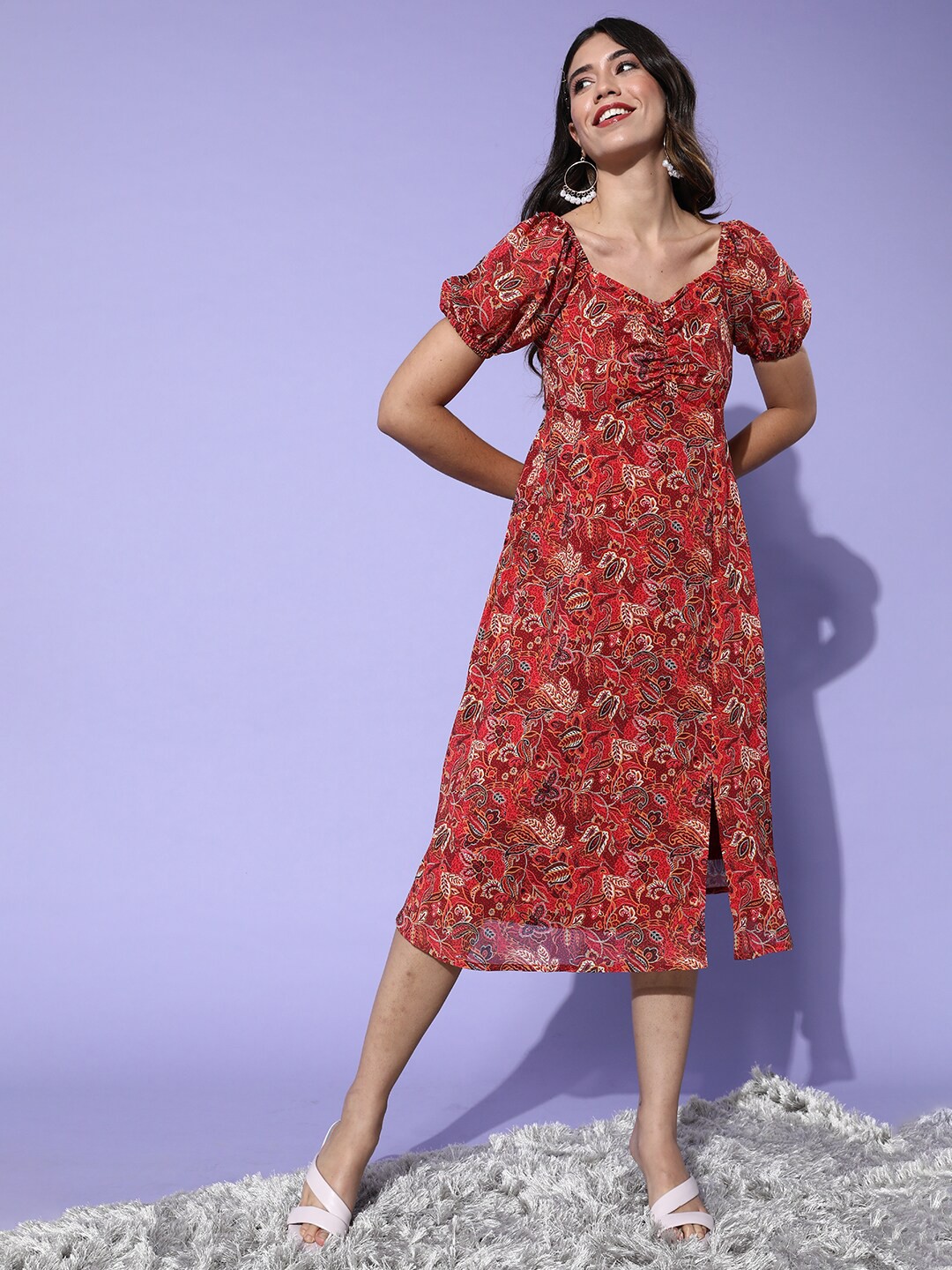 

Miss Chase Multicoloured Floral Georgette Midi Dress, Maroon