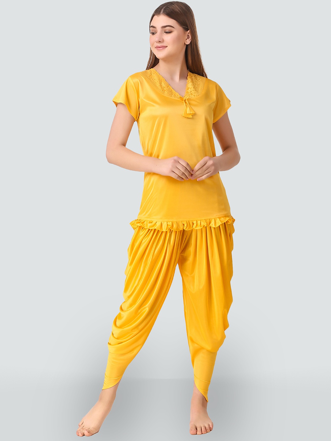 

Romaisa Women Yellow Solid Satin Regular length Top with Pyjama