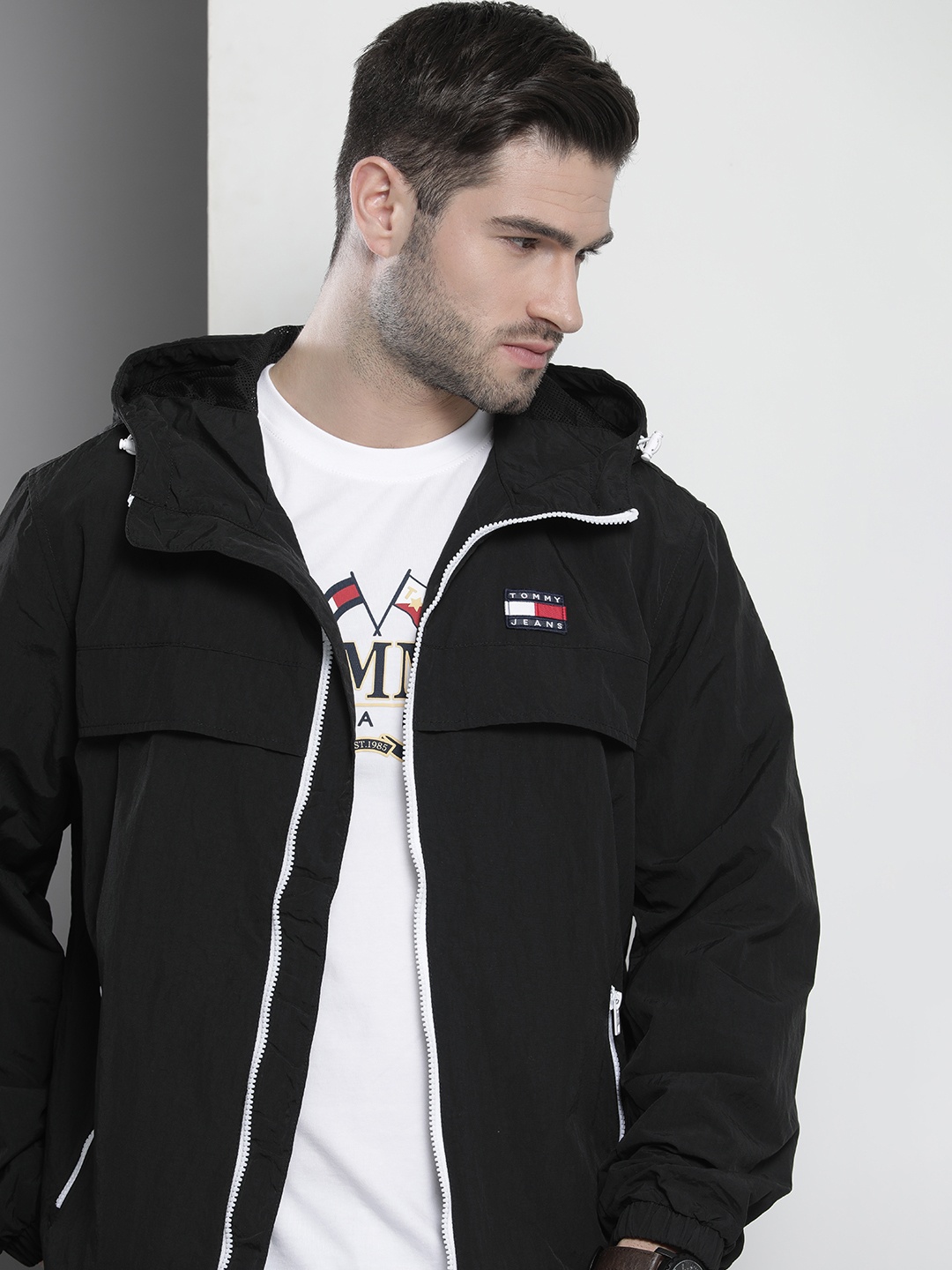 

Tommy Hilfiger Men Black Solid Hooded Bomber Jacket