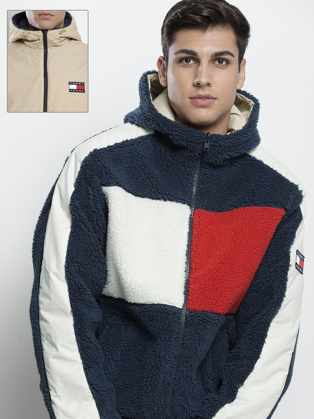 

Tommy Hilfiger Men Navy Blue Colourblocked Hooded Reversible Puffer Jacket
