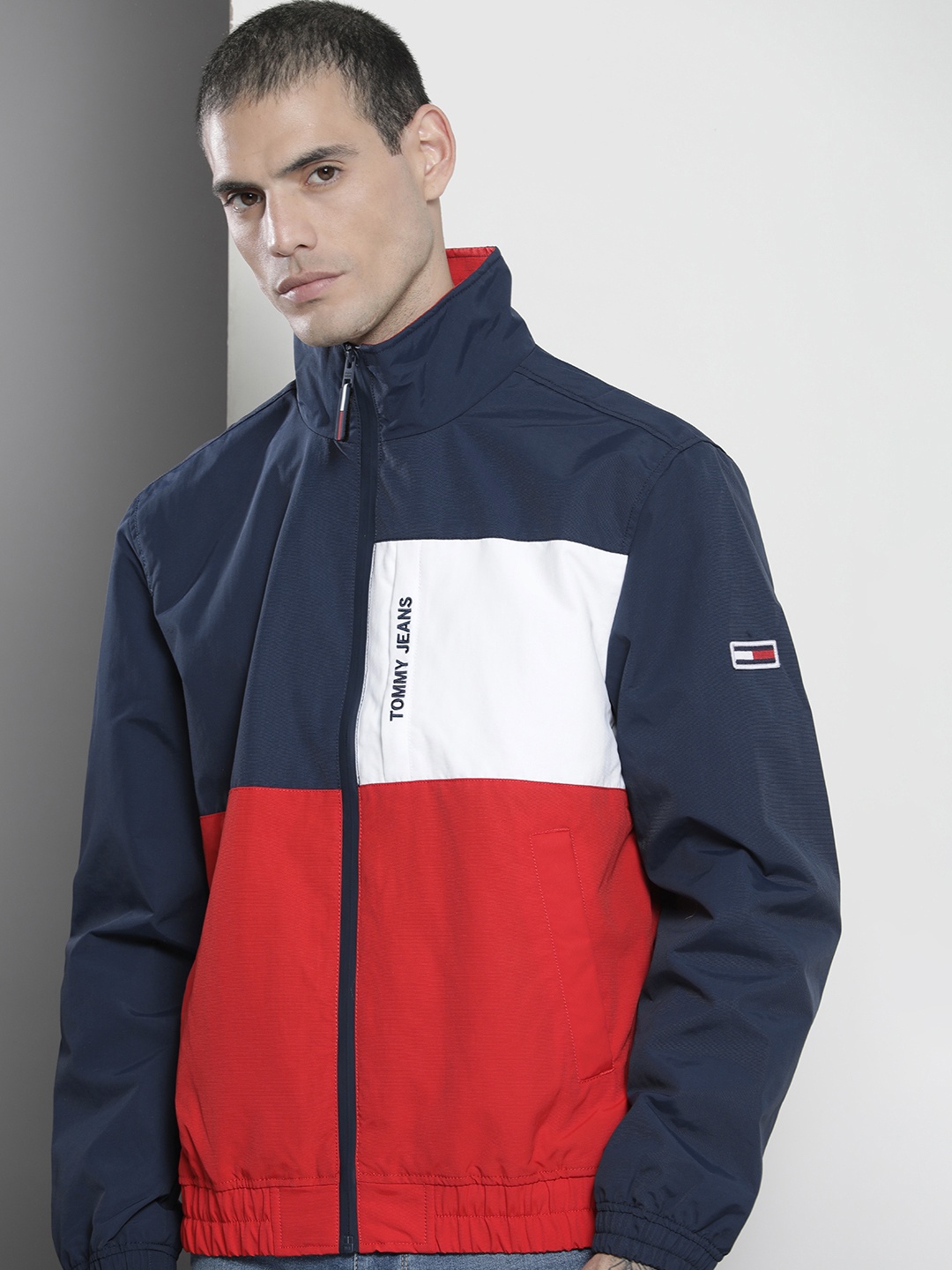 

Tommy Hilfiger Men Navy Blue And Red Colourblocked Bomber Jacket
