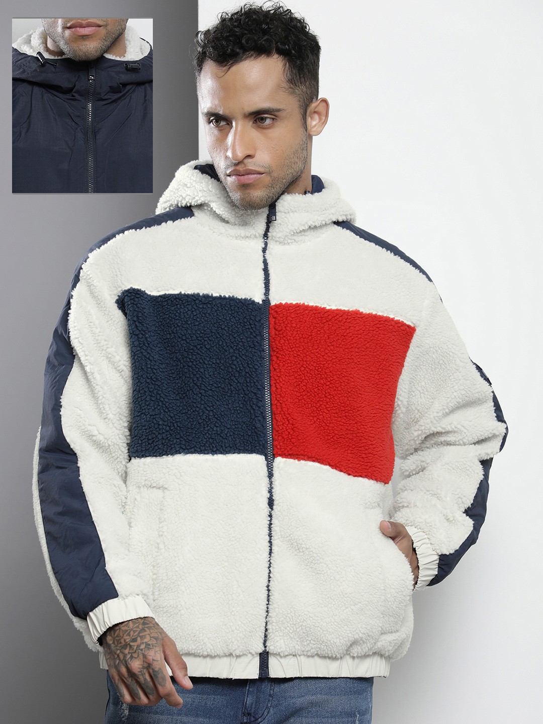 

Tommy Hilfiger Men Off White SHERPA Colourblocked Reversible Tailored Jacket