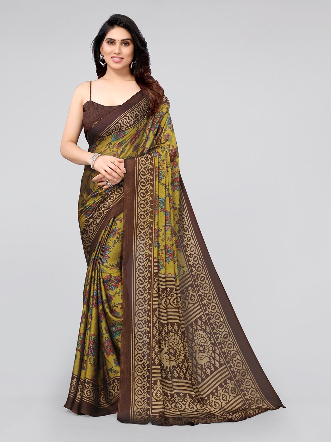 

MIRCHI FASHION Green & Brown Floral Saree