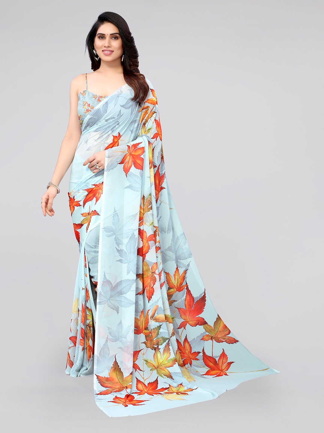 

KALINI Blue & Orange Floral Saree