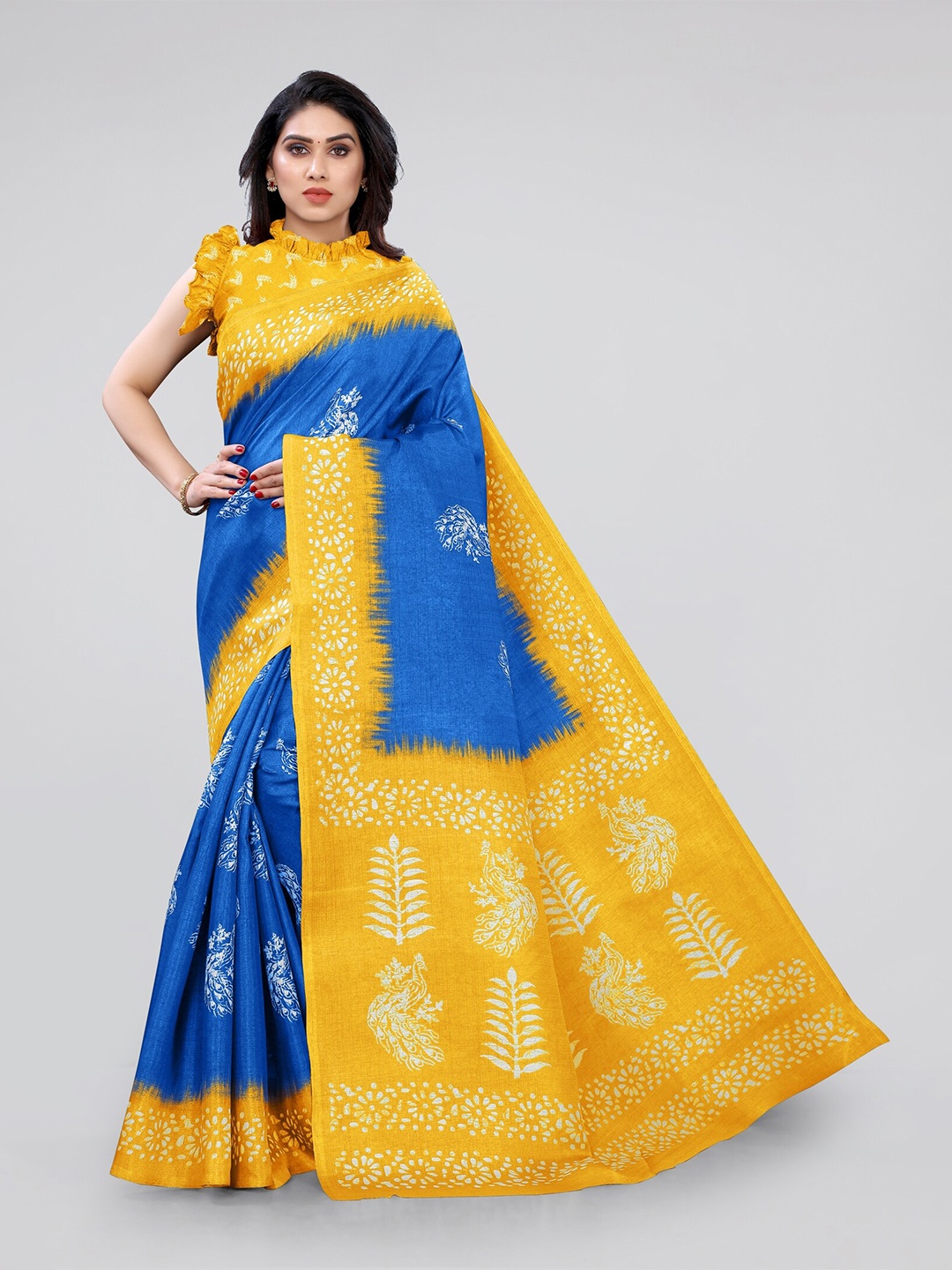 

MIRCHI FASHION Blue & Yellow Batik Art Silk Khadi Saree
