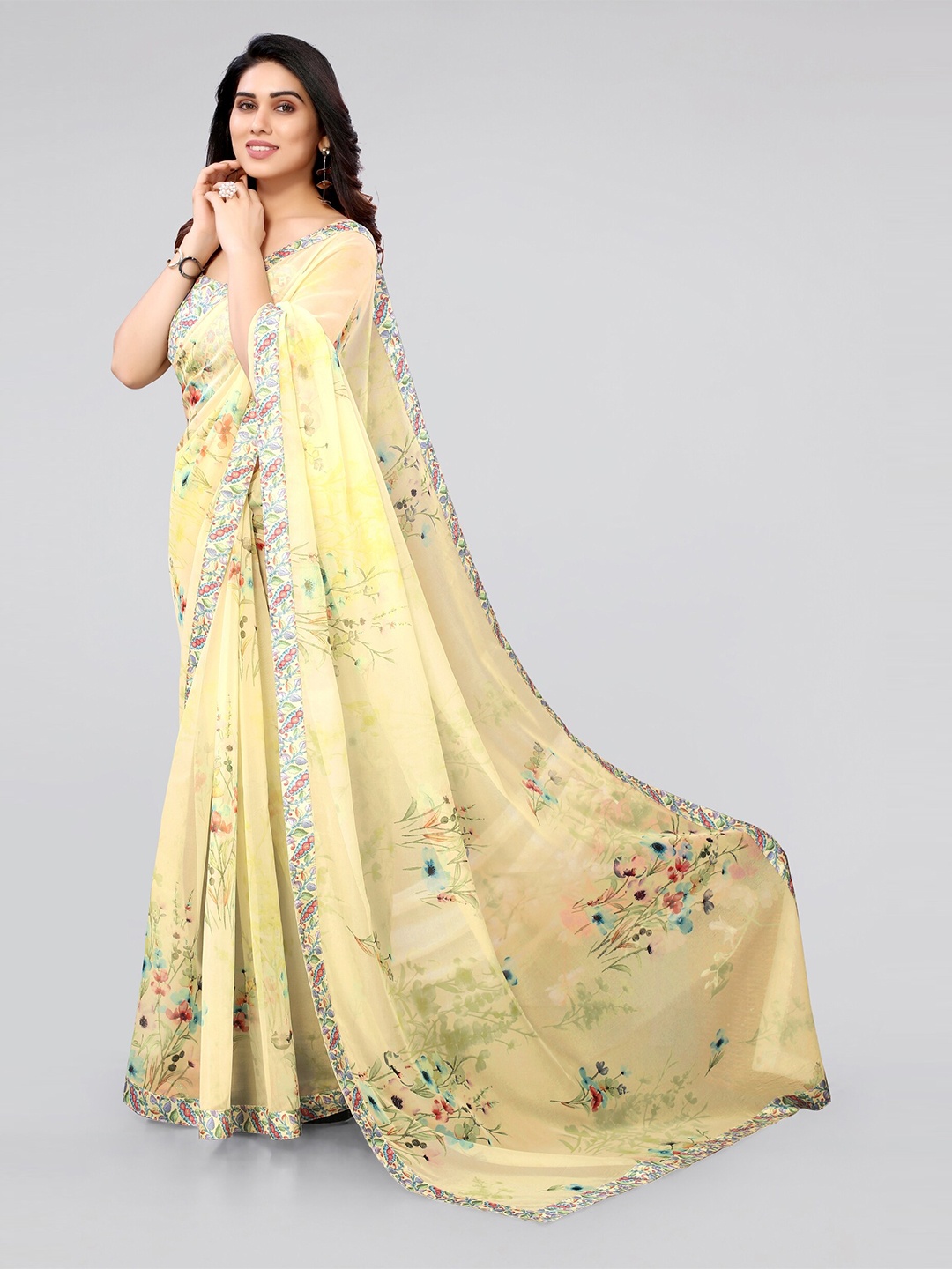 

MIRCHI FASHION Yellow & Blue Floral Organza Saree