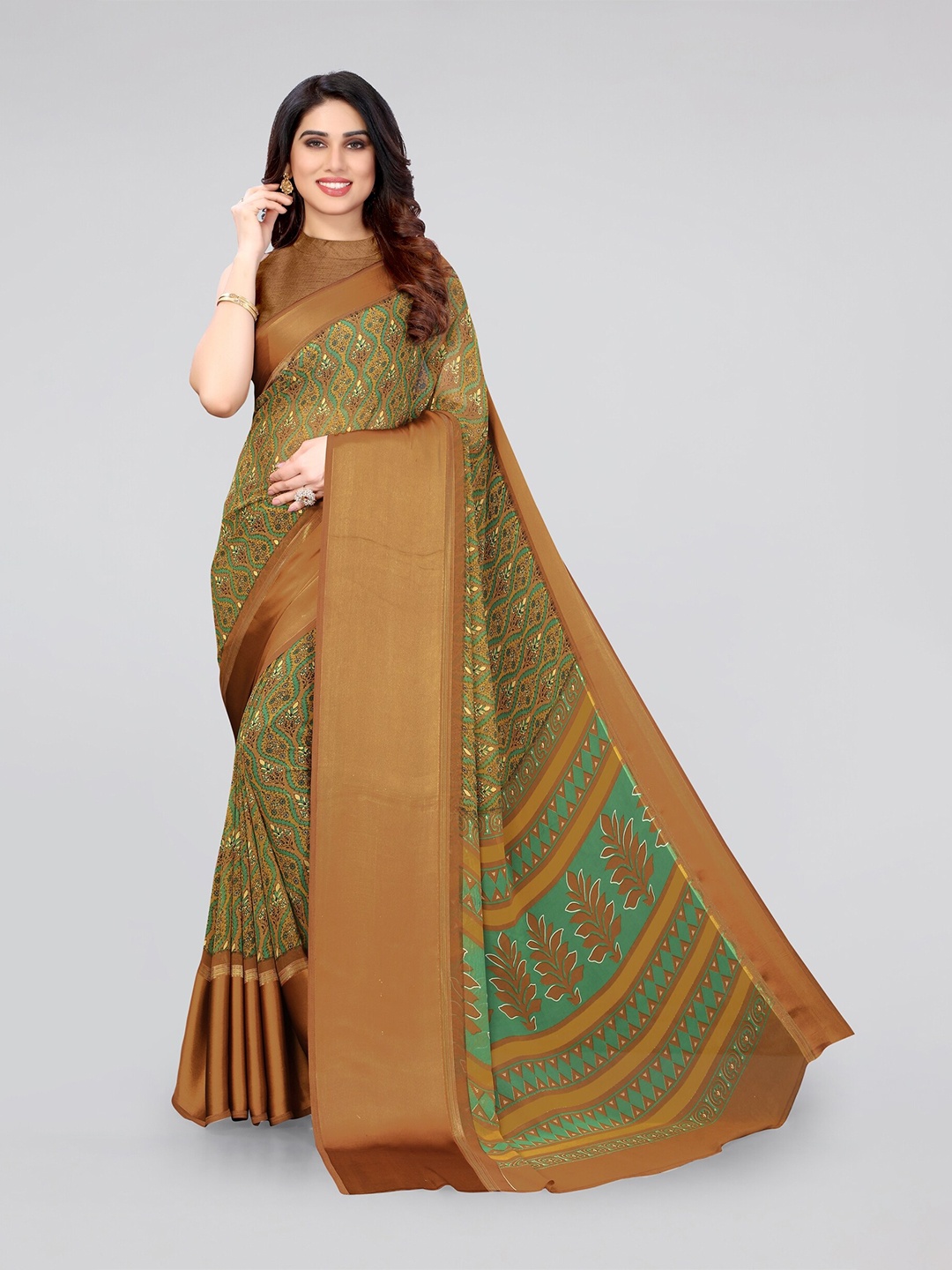 

KALINI Brown & Green Floral Saree