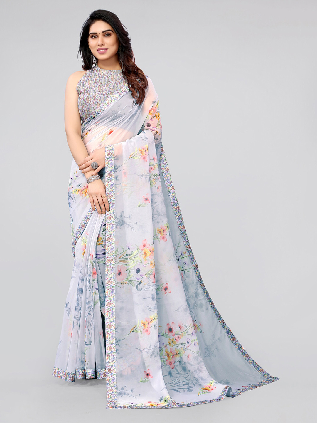 

KALINI Blue & Yellow Floral Organza Saree