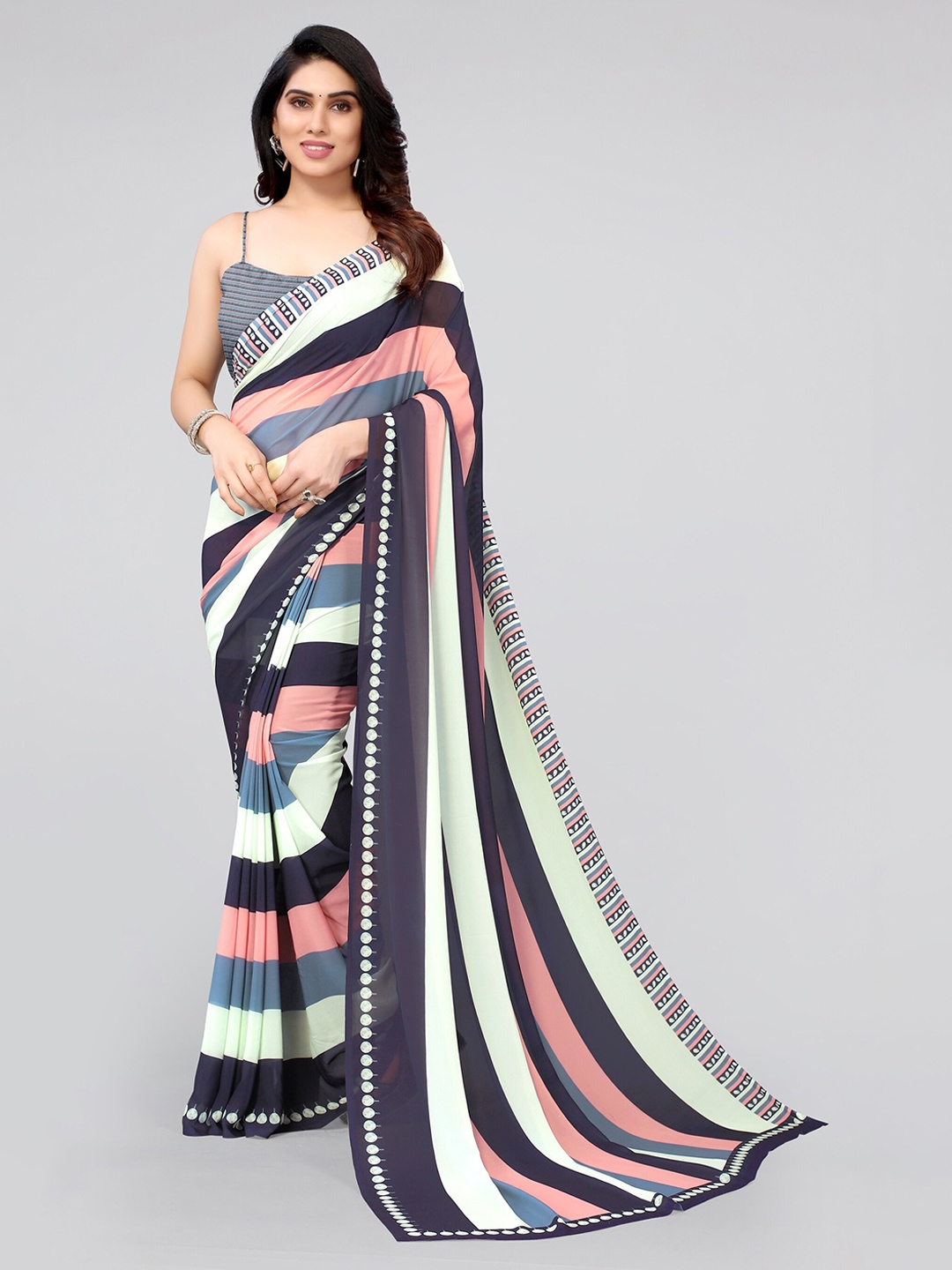 

KALINI Pink & Blue Striped Saree