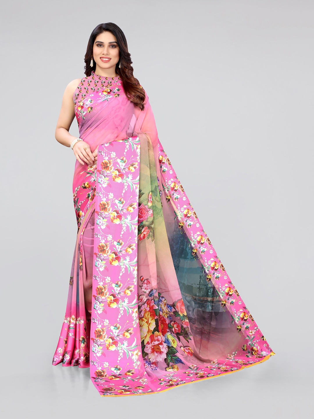 

MIRCHI FASHION Pink & Green Floral Saree