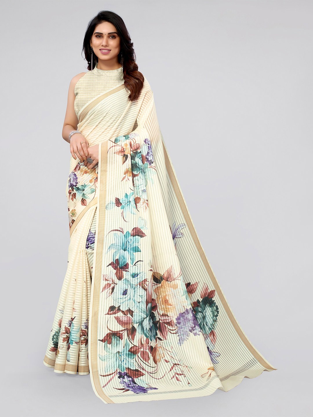 

MIRCHI FASHION Cream-Coloured & Blue Floral Zari Saree