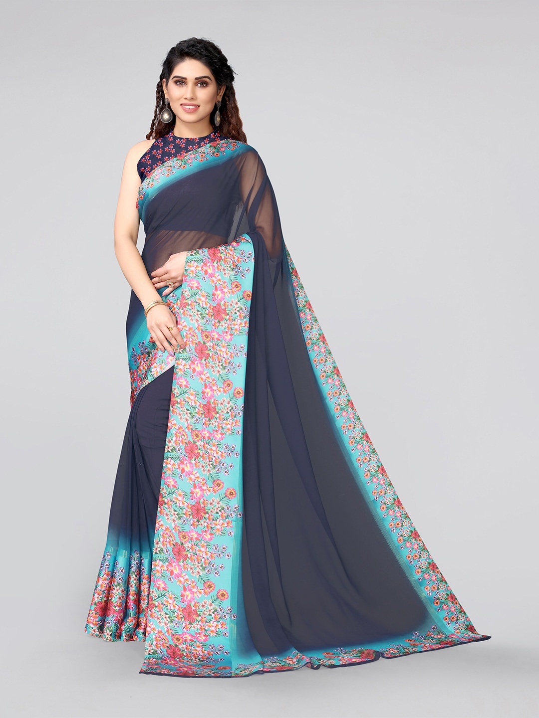 

MIRCHI FASHION Navy Blue & Pink Floral Saree