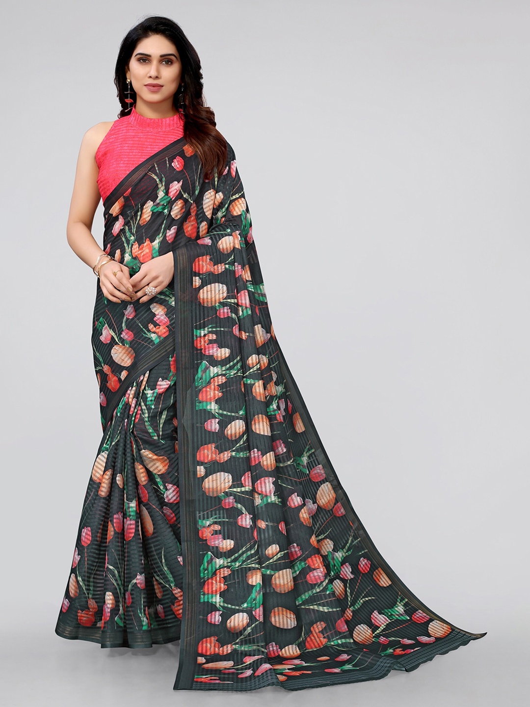 

MIRCHI FASHION Black & Pink Floral Zari Saree