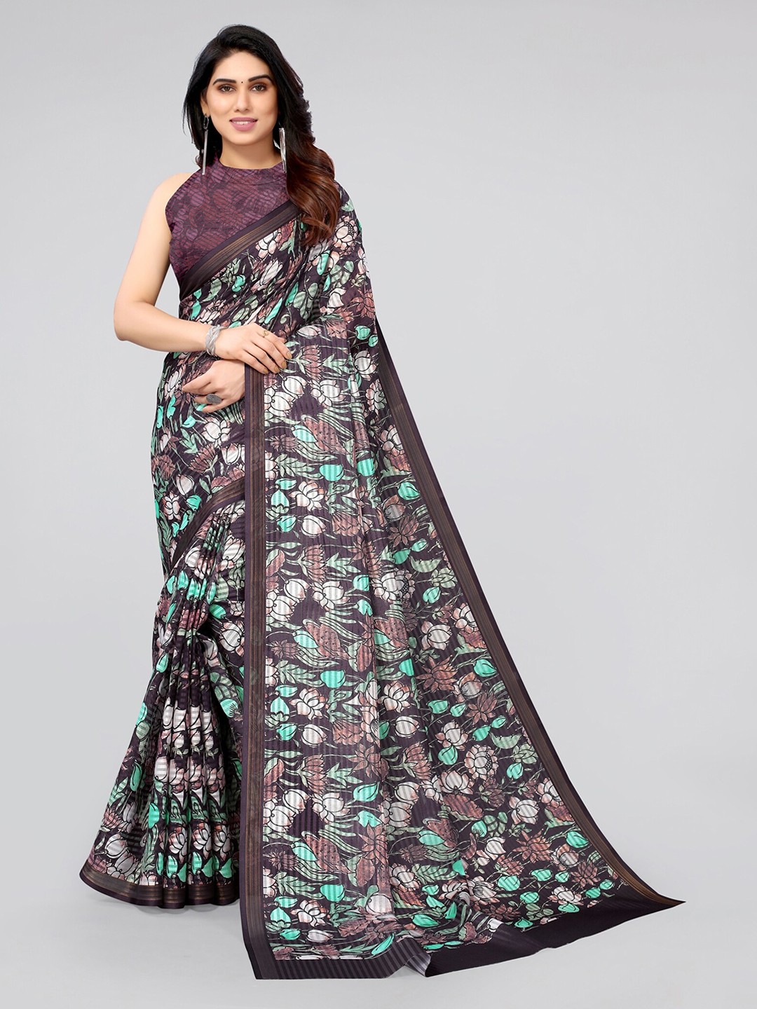 

MIRCHI FASHION Coffee Brown & White Floral Zari Saree