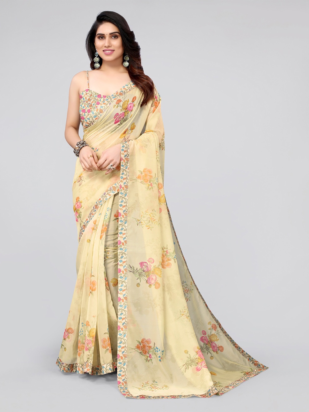

MIRCHI FASHION Women Yellow & Blue Floral Organza Saree
