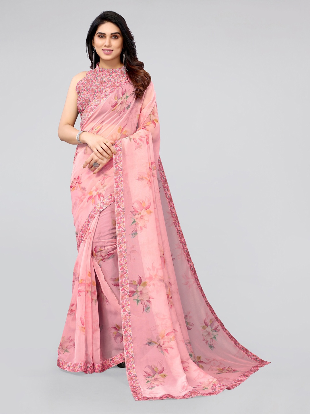 

MIRCHI FASHION Women Peach-Coloured & Blue Floral Organza Saree