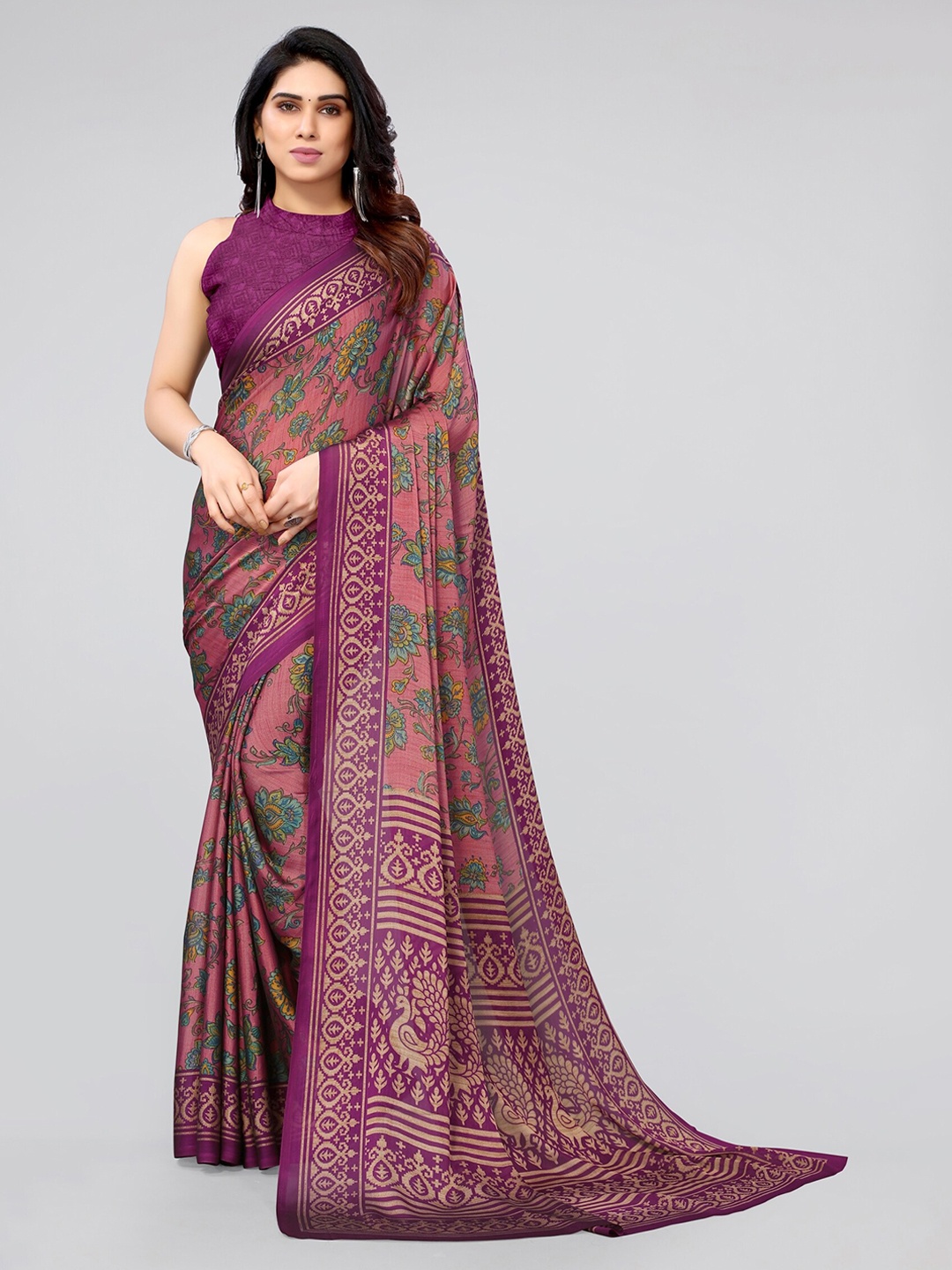 

MIRCHI FASHION Women Pink & Violet Floral Saree