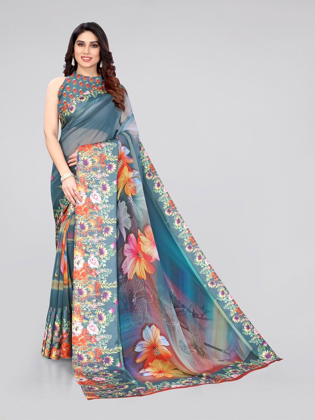 

MIRCHI FASHION Women Grey & Orange Floral Saree