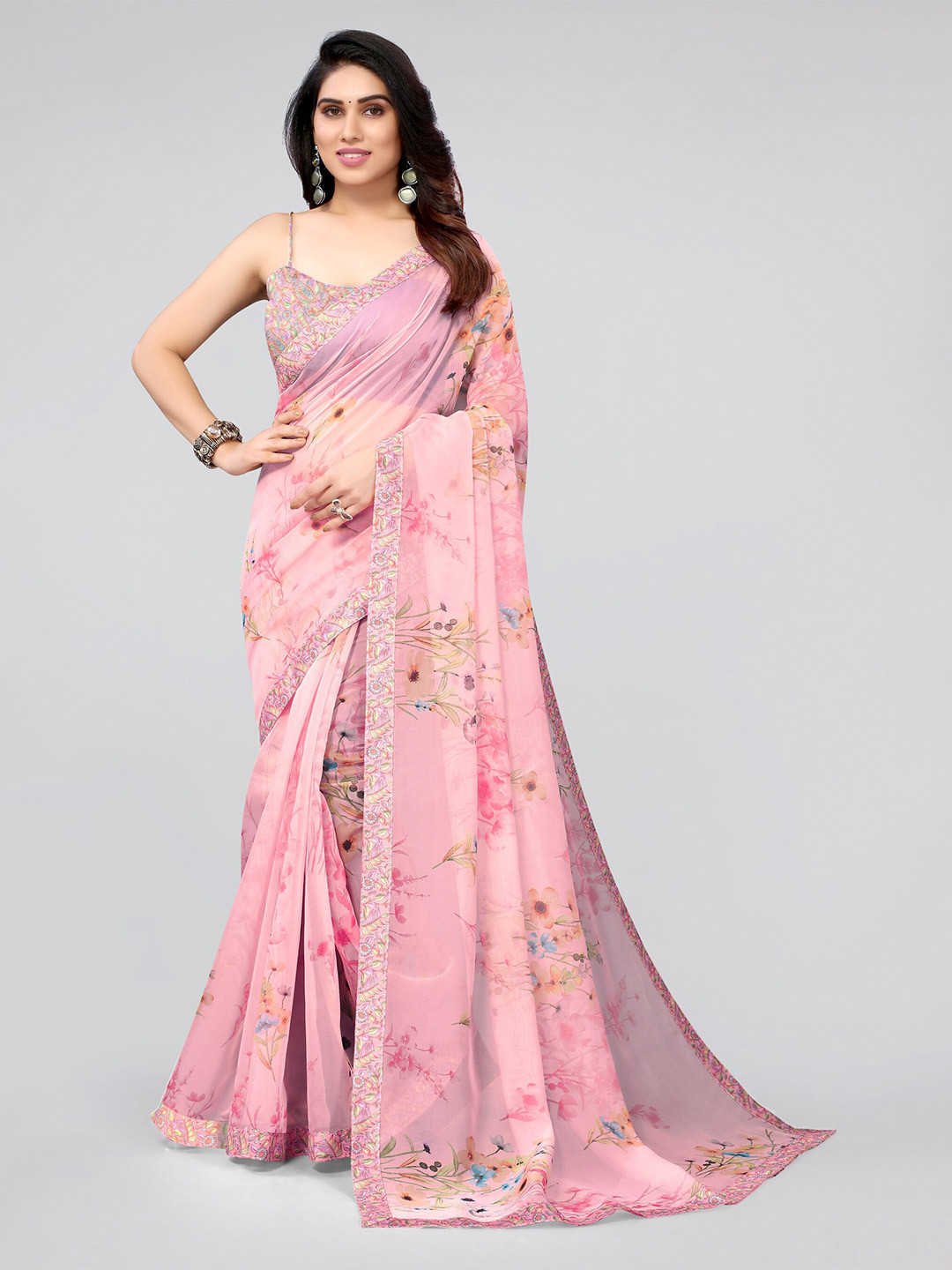 

MIRCHI FASHION Pink & Blue Floral Organza Saree