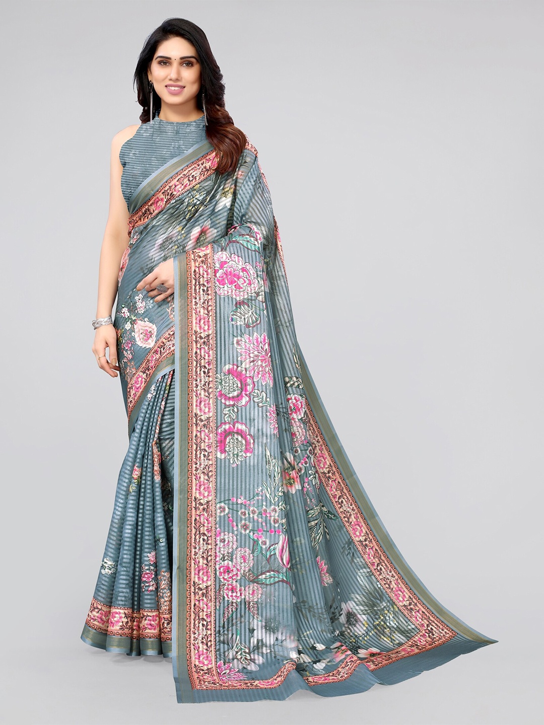 

MIRCHI FASHION Grey & Pink Floral Zari Saree