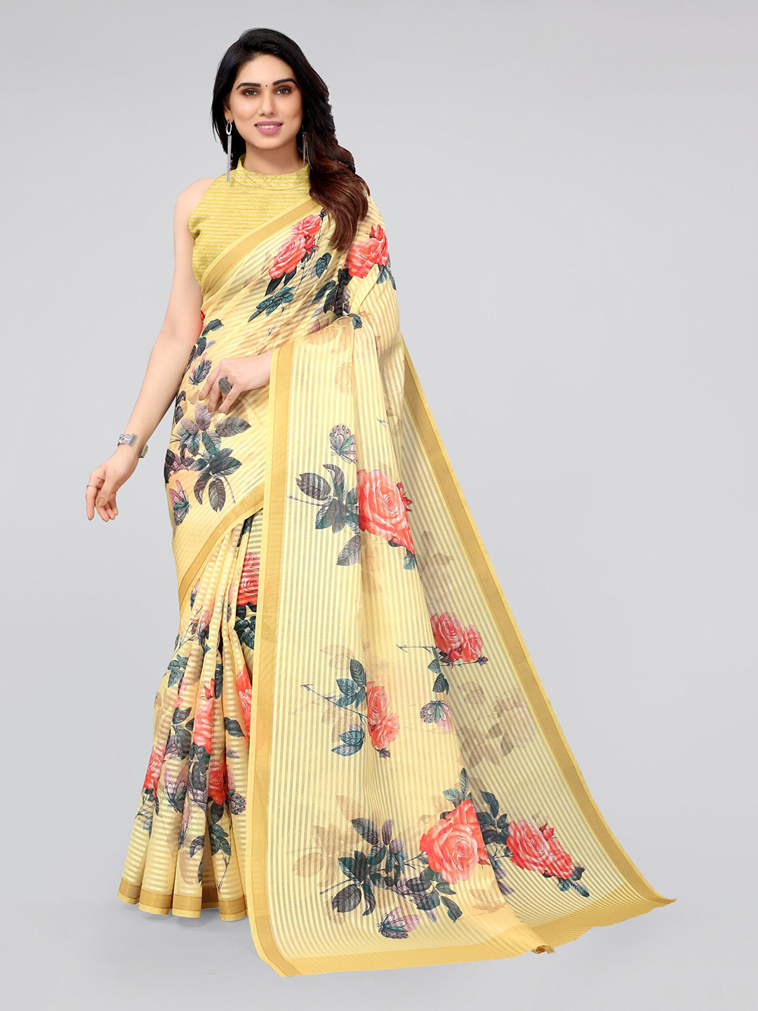 

MIRCHI FASHION Yellow & Blue Floral Zari Saree