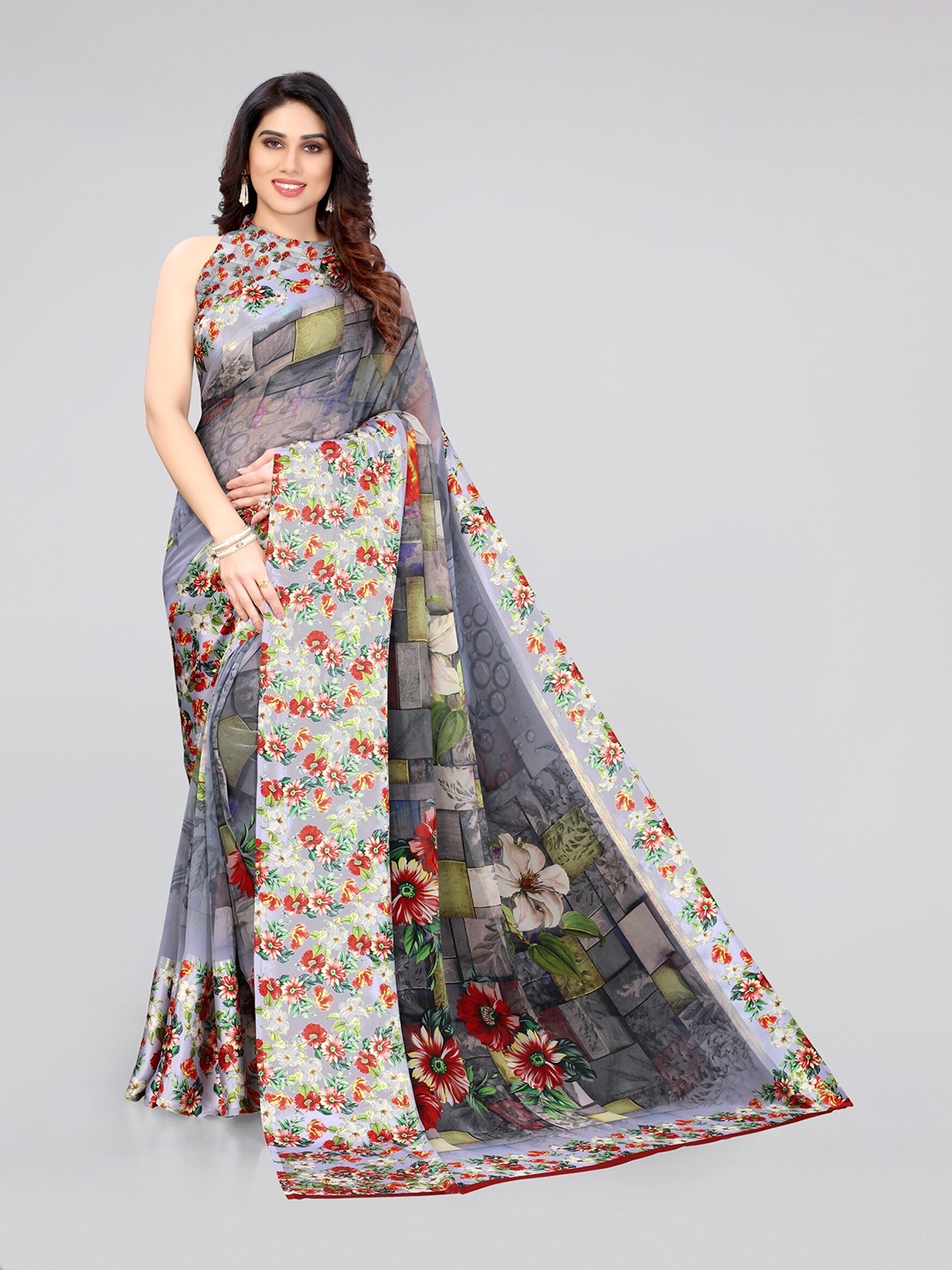 

MIRCHI FASHION Grey & Red Floral Saree