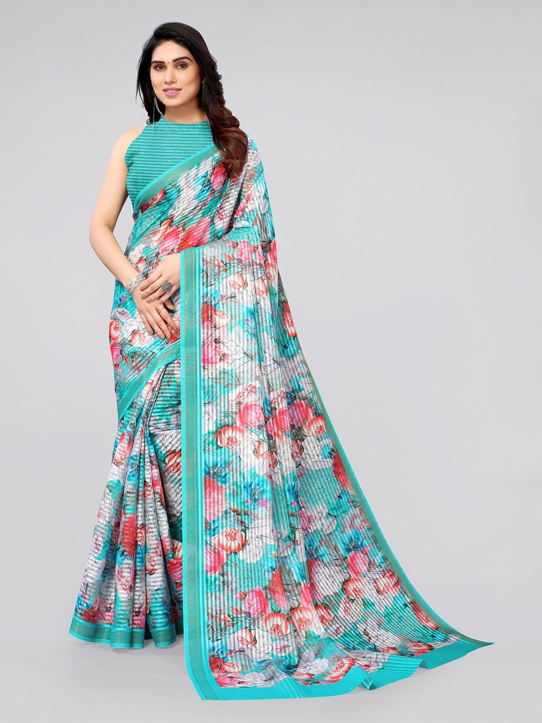 

MIRCHI FASHION Women Blue & Pink Floral Zari Saree