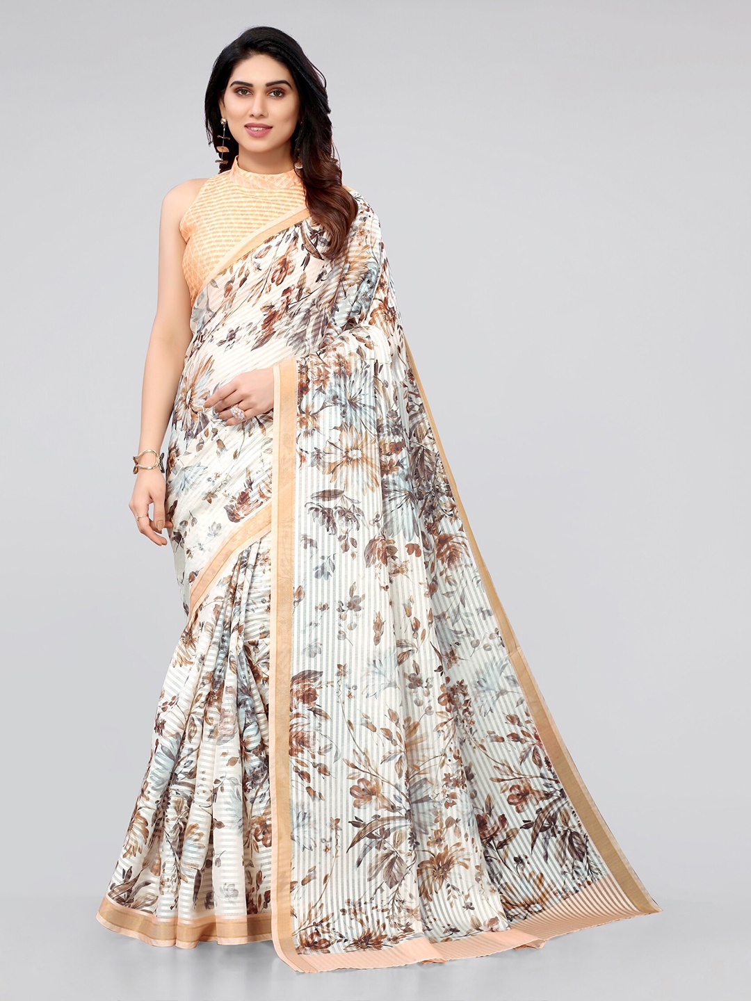 

MIRCHI FASHION Cream-Coloured & Peach-Coloured Floral Zari Saree