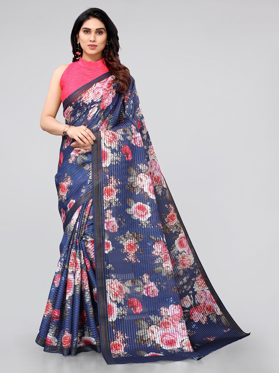 

MIRCHI FASHION Blue & Pink Floral Saree