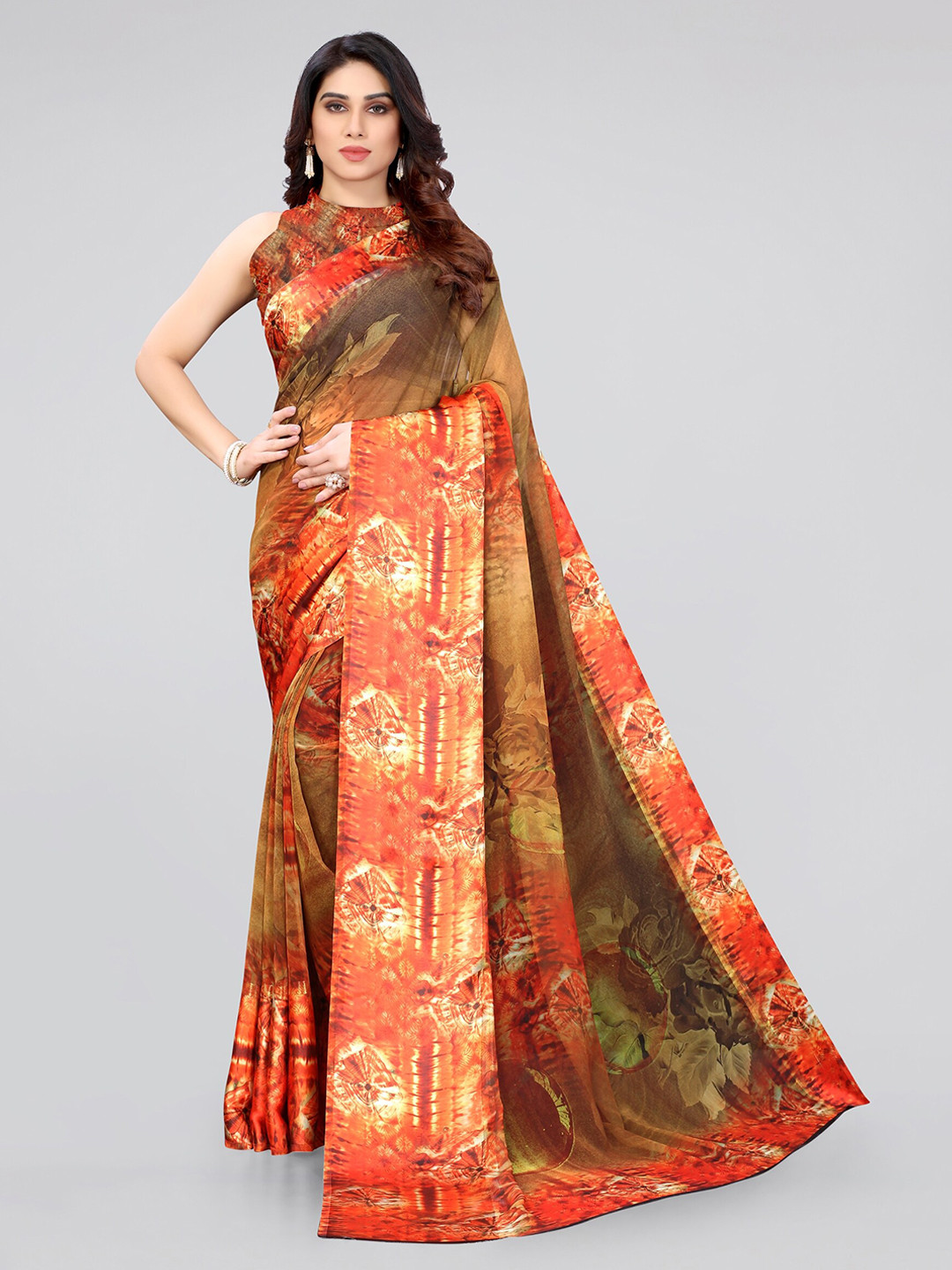 

MIRCHI FASHION Brown & Orange Floral Saree